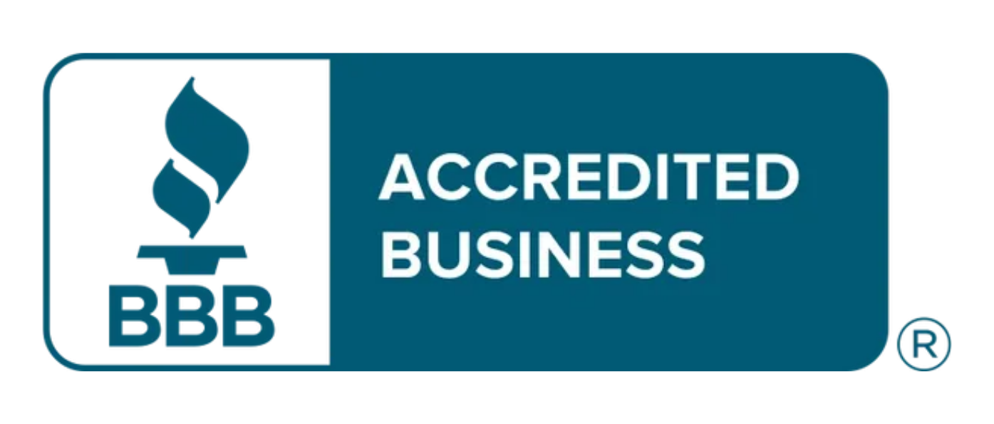 BBB Accredited Business logo in blue and white with text in a rounded rectangle
