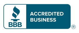 BBB Accredited Business logo in blue and white with text in a rounded rectangle