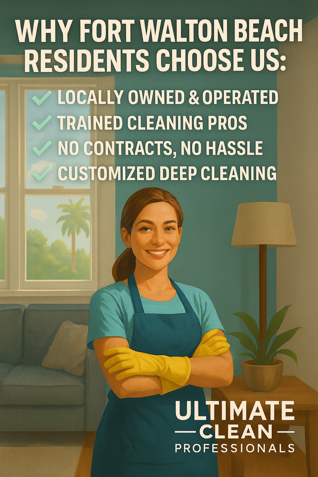 Ad for Ultimate Clean Professionals: woman in blue apron in living room, with service benefits listed.
