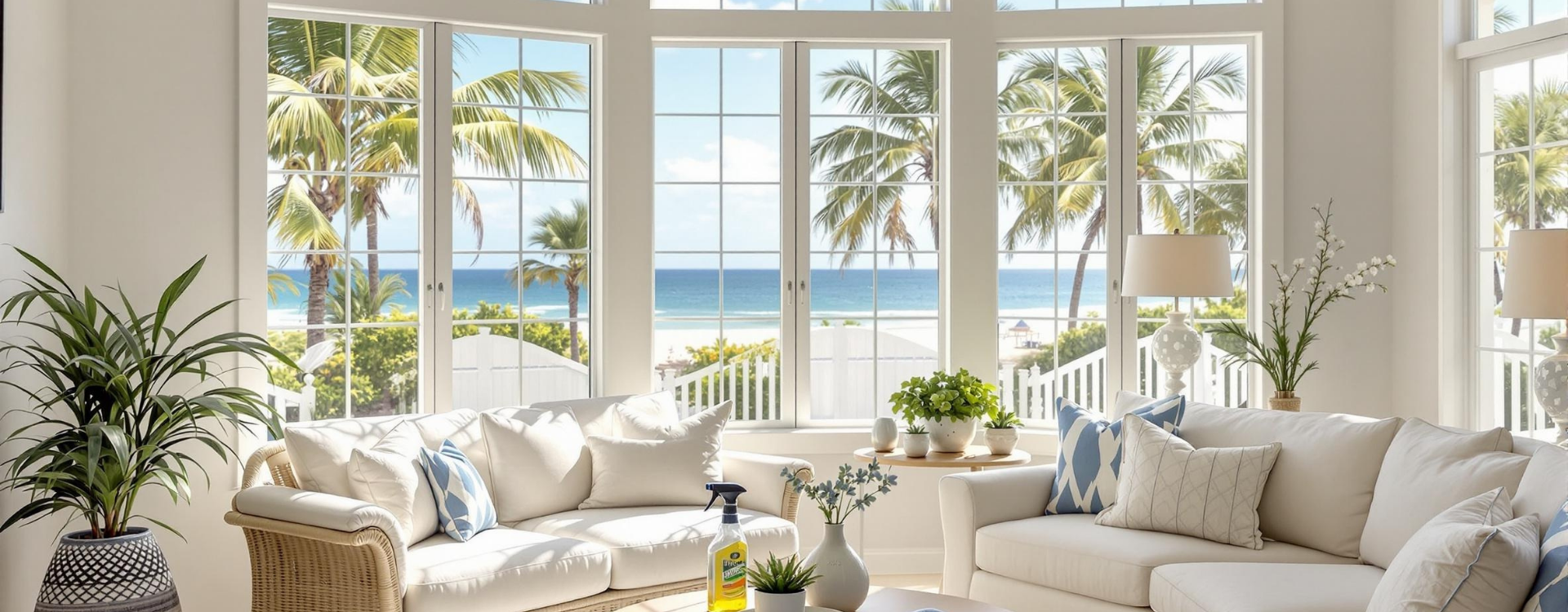 Bright coastal living room with white sofas, large windows, and ocean view