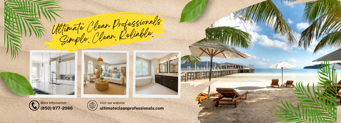 Luxury beach resort collage with villas, palm trees, and oceanfront lounge chairs under a yellow sky banner