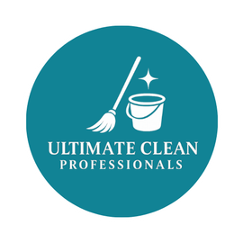 Teal cleaning logo with broom and bucket icon and the text “Ultimate Clean Professionals”