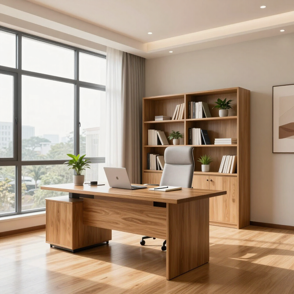 Modern home office with wooden desk, laptop, swivel chair, bookshelf, and large sunlit windows