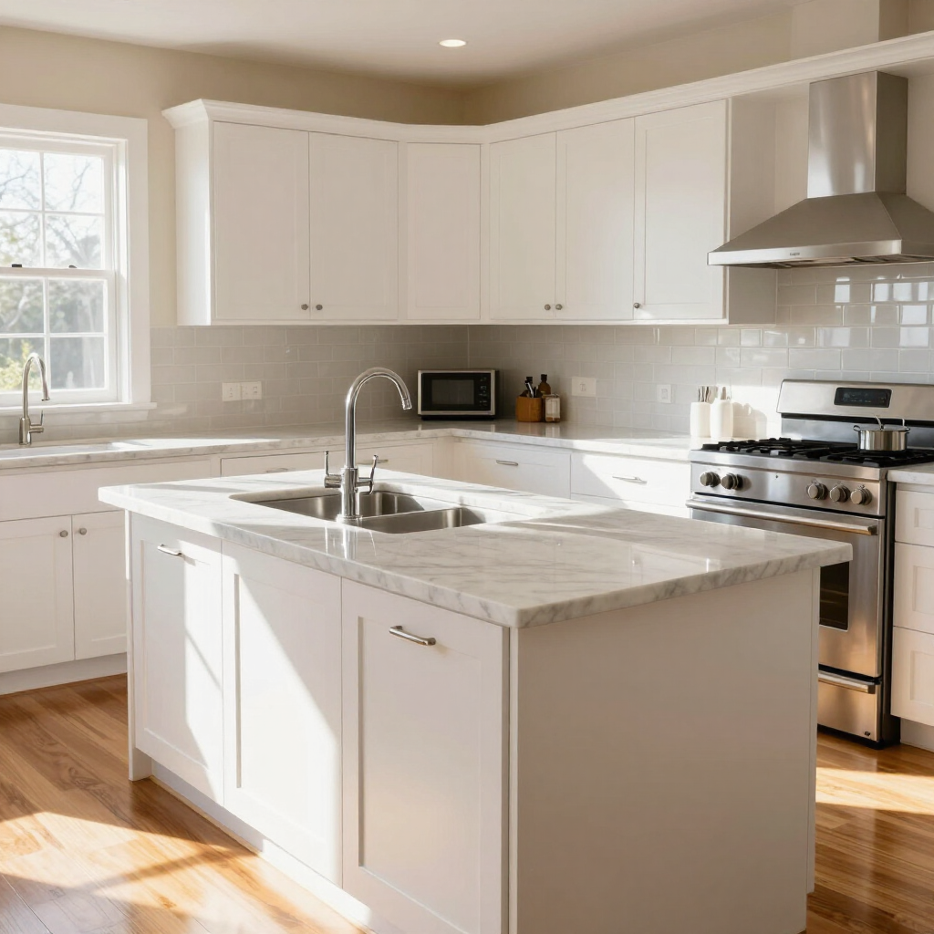 Bright white modern kitchen with island, stainless steel stove, and sunlit hardwood floors