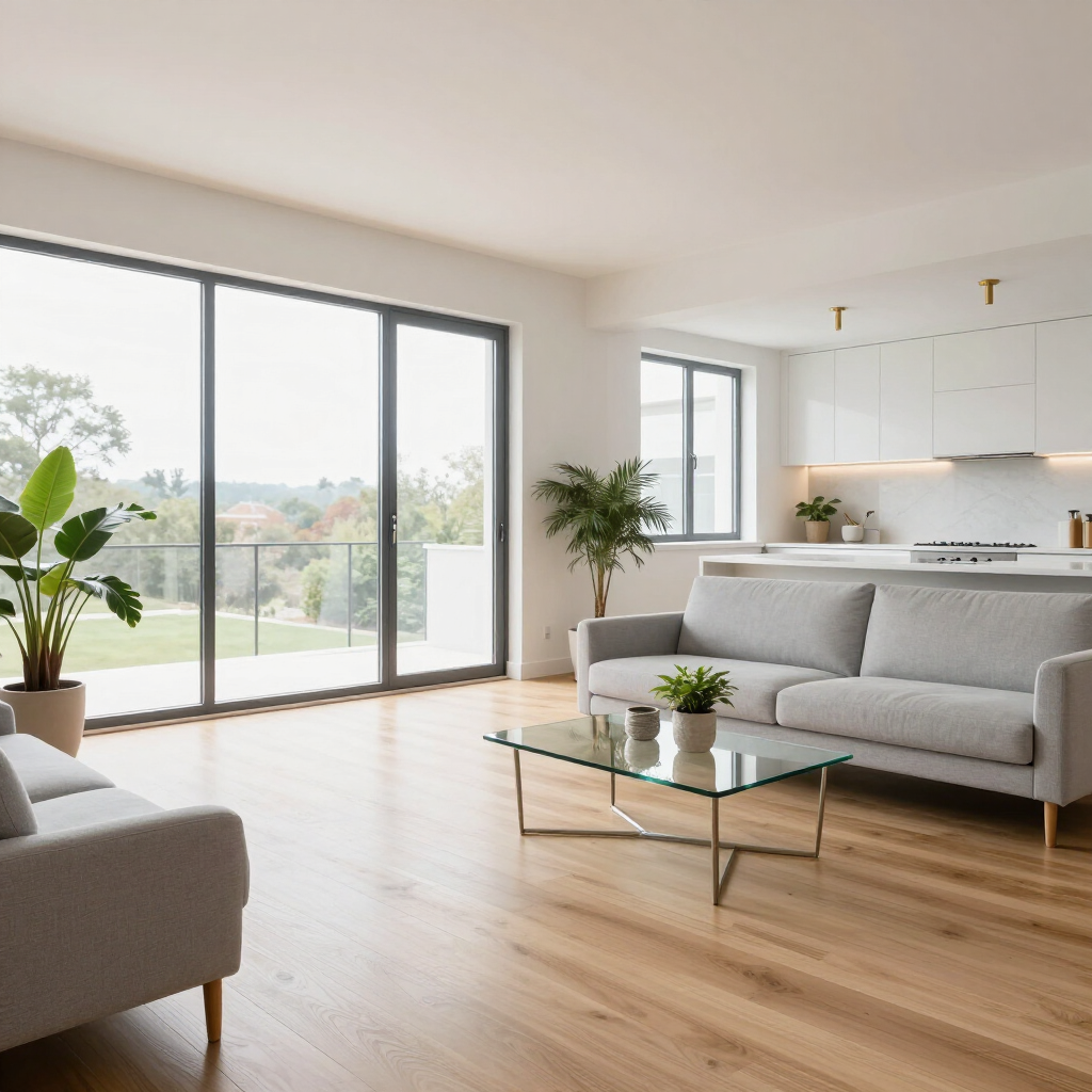 Bright modern living room with gray sofa, glass coffee table, hardwood floor, and large sliding doors to a garden
