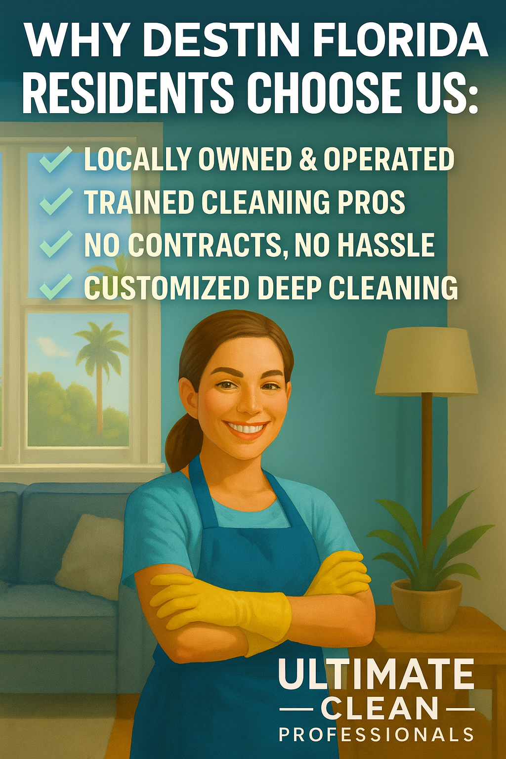 Promotional ad for Ultimate Clean Professionals, with a smiling cleaner in a blue apron and service benefits listed.