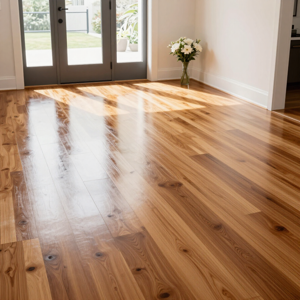 Sunlit empty room with glossy hardwood floors, glass doors, and a vase of white flowers.