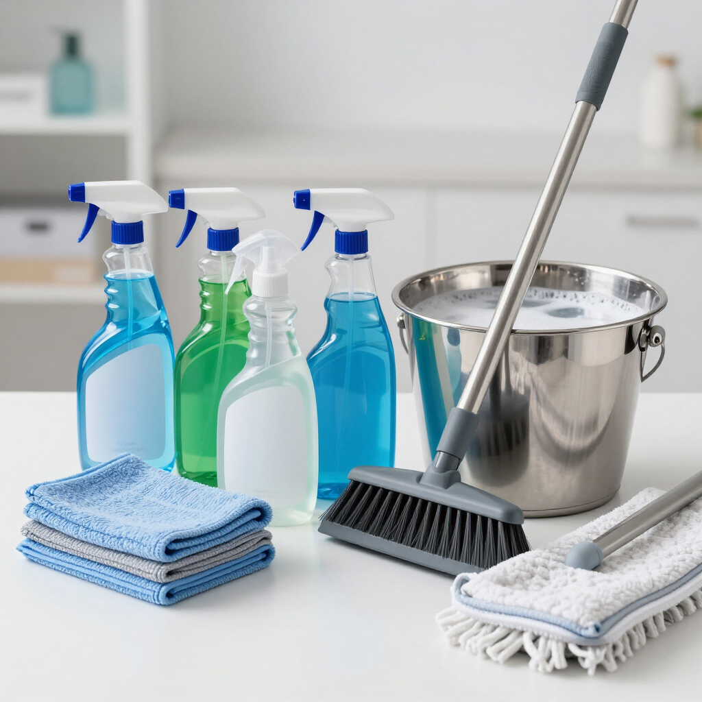 Cleaning supplies with spray bottles, cloths, mop, broom, and bucket on a kitchen counter