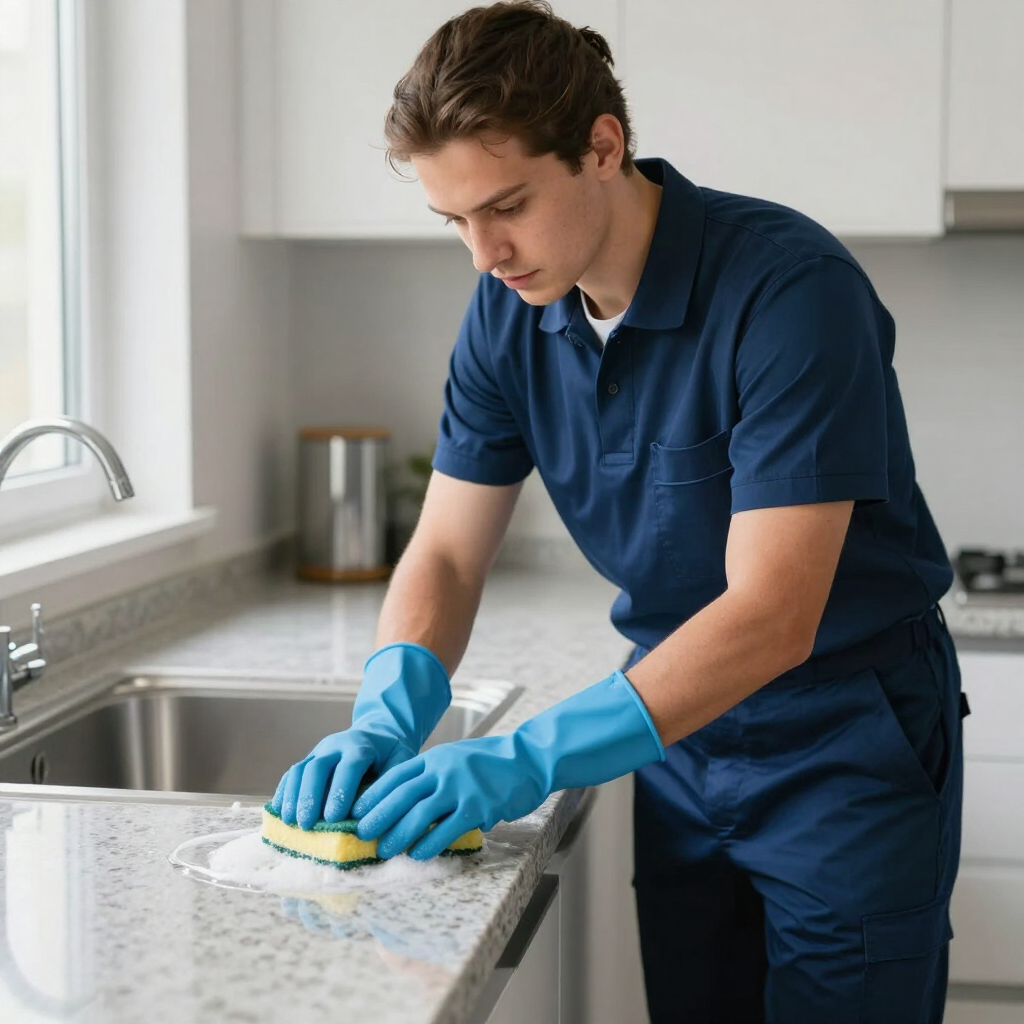 Person in blue gloves cleaning a kitchen countertop with a sponge near a sink
