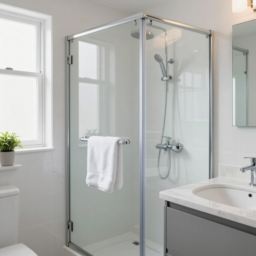 Bright bathroom with glass shower, towel rack, sink, and window