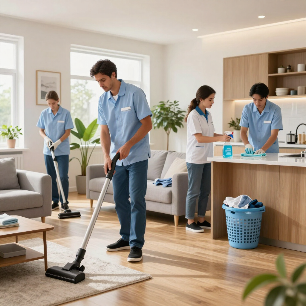Cleaning crew vacuuming and tidying a bright modern living room and kitchen area