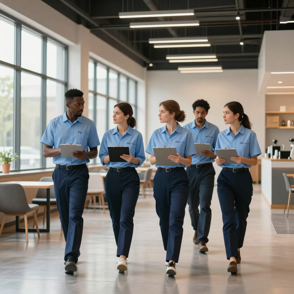 Four office workers walking together through a modern, bright workspace while reviewing papers and tablets.