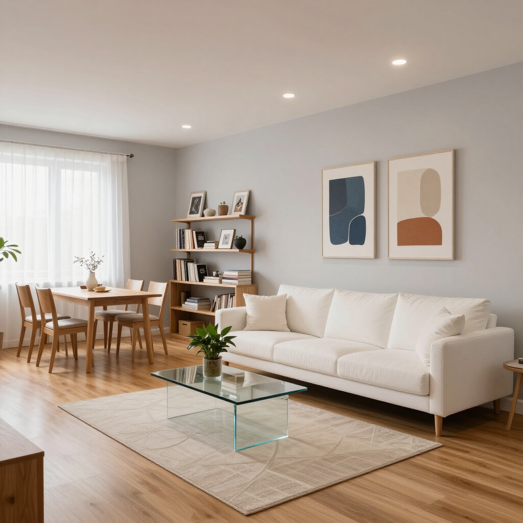 Bright minimalist living room with white sofa, glass coffee table, dining area, and abstract wall art