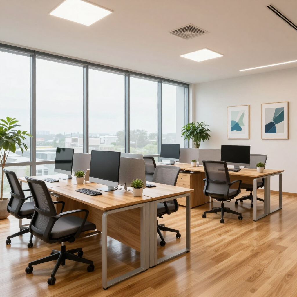 Bright modern office with wooden desks, black chairs, large windows, and potted plants