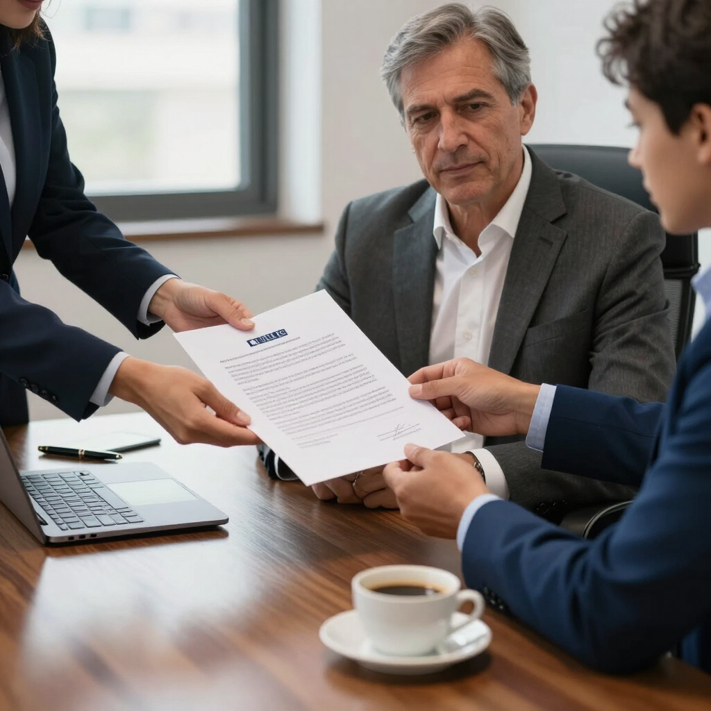 Business meeting with three people reviewing a document at a wooden table, laptop and coffee cup nearby
