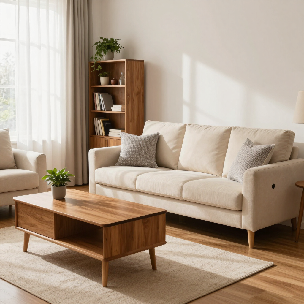 Bright living room with beige sofa, wooden coffee table, bookshelf, and sunlight on a rug