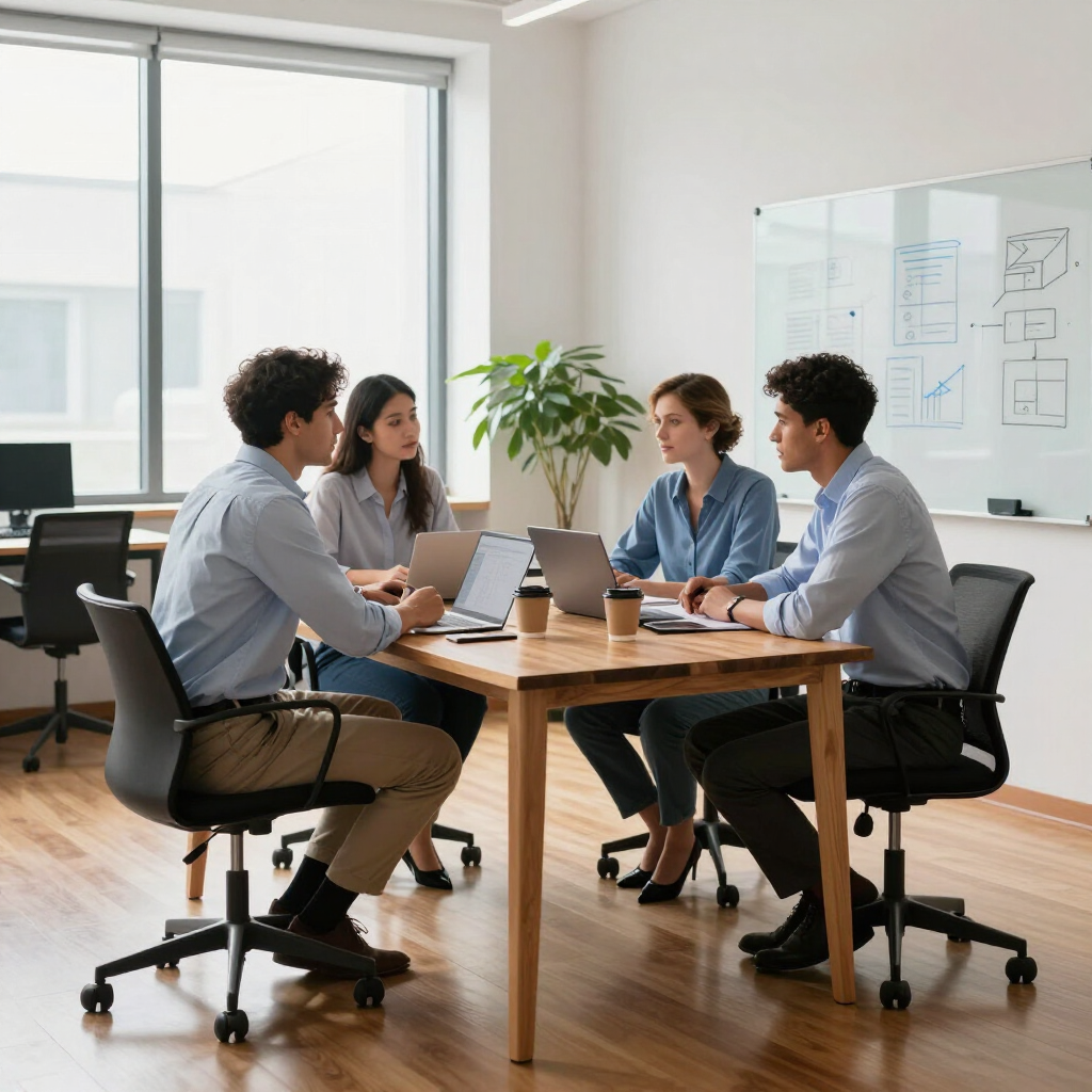 Four coworkers meet around a wooden table in a bright office, discussing a laptop near a whiteboard.