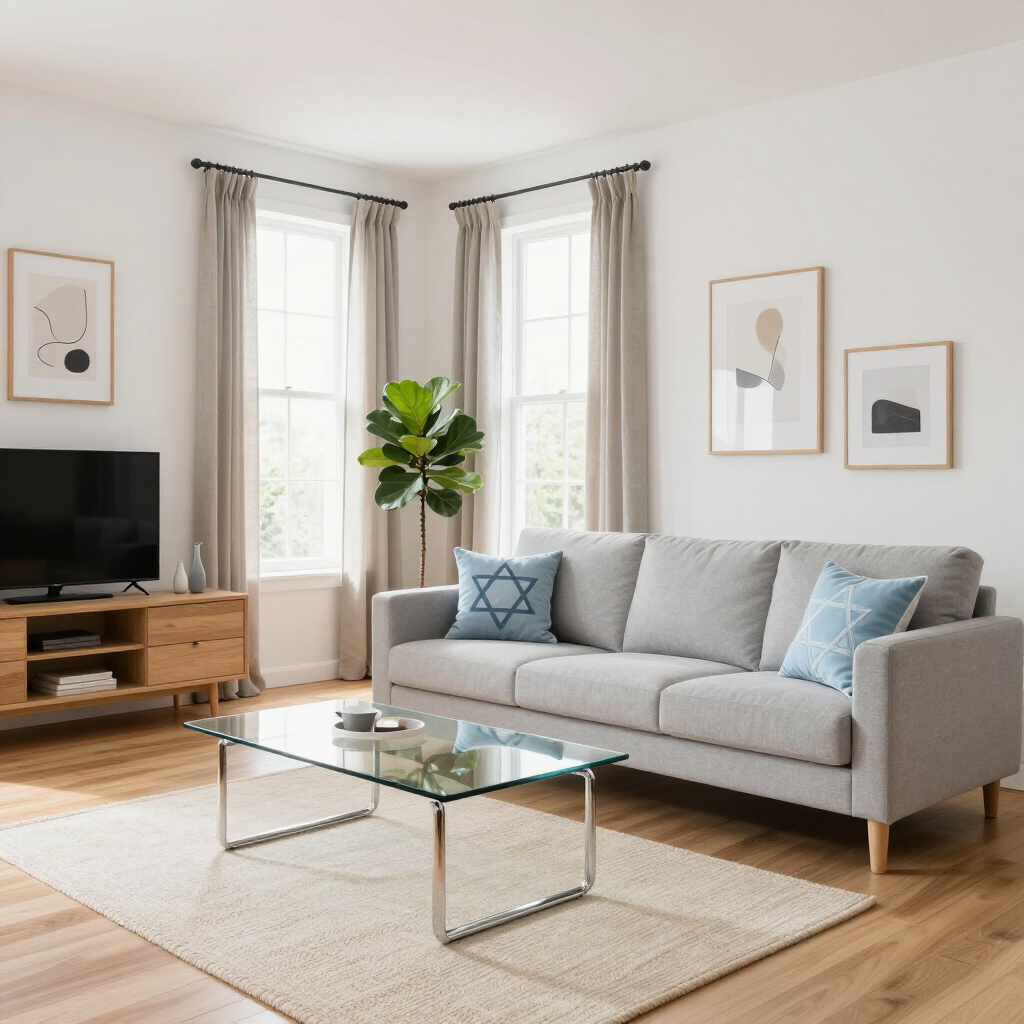 Bright modern living room with gray sofa, glass coffee table, TV, tall windows, and a potted plant