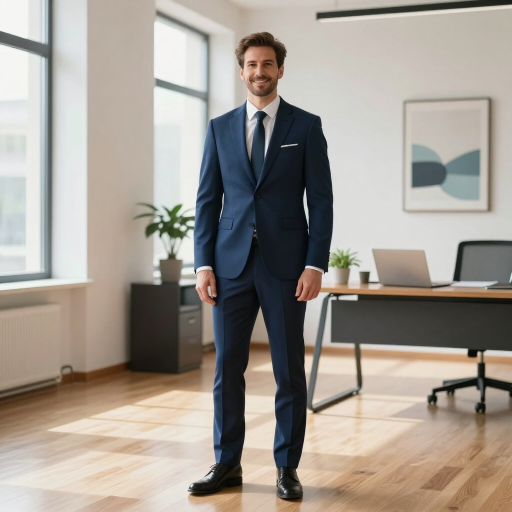 Man in navy suit standing in a bright modern office near a desk and window