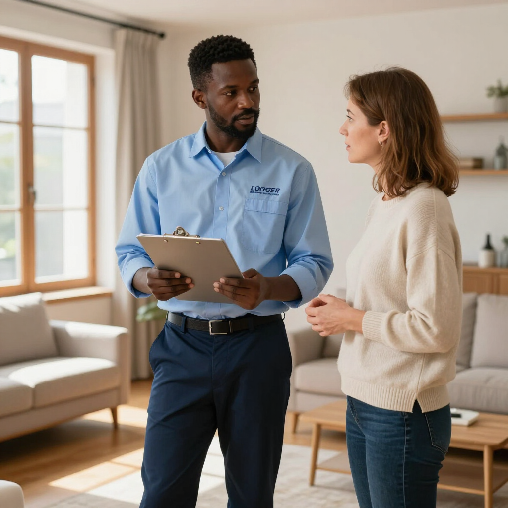 Therapist discussing notes with a client in a bright living room