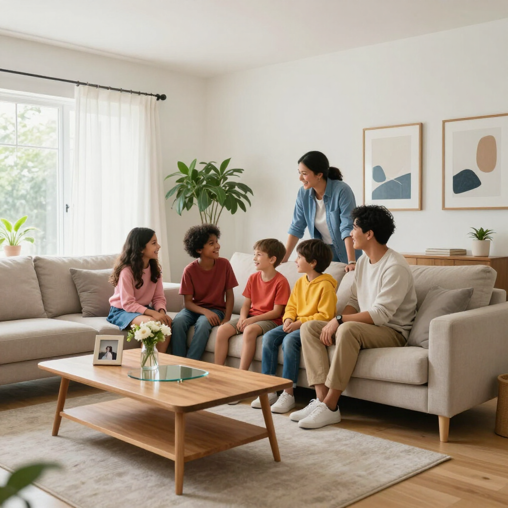 Family seated on a sofa in a bright living room while two adults stand behind them