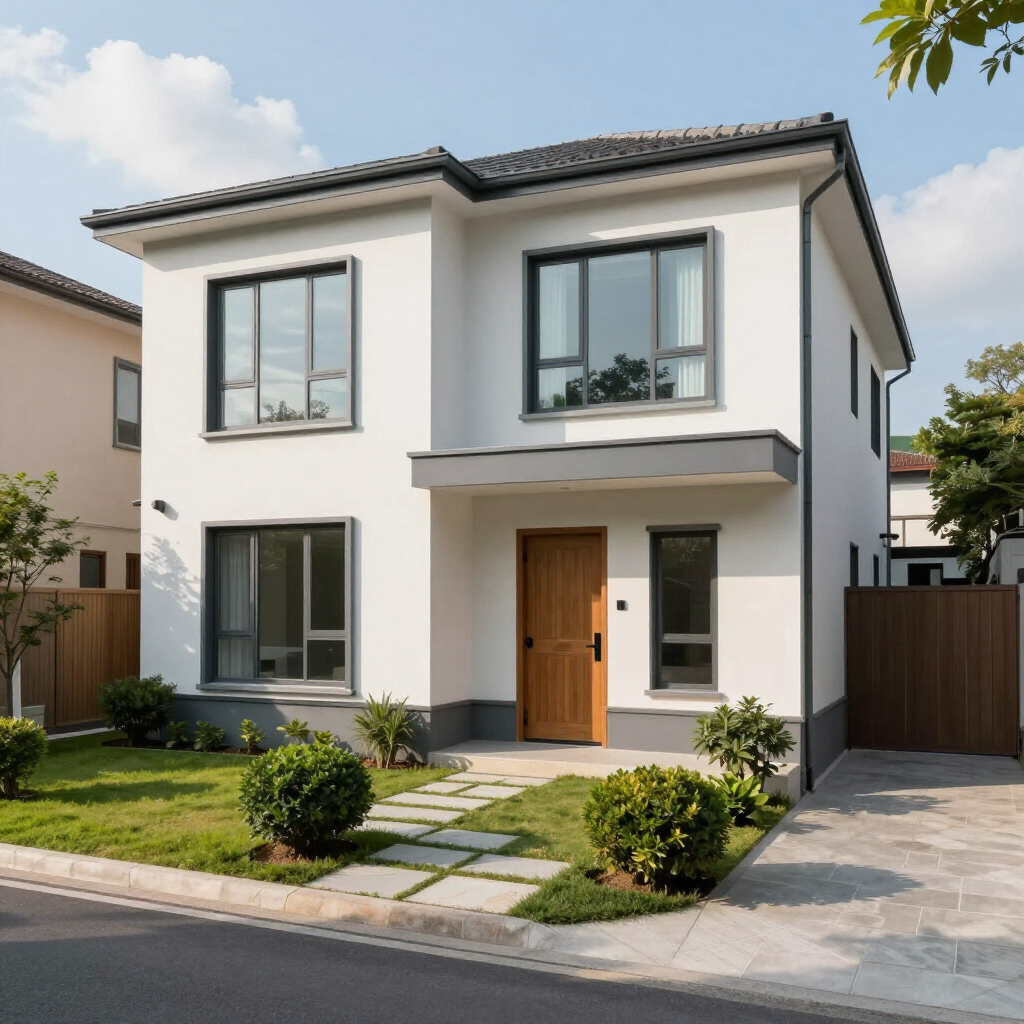 Modern two-story white house with a wooden front door, front lawn, and driveway under a sunny sky