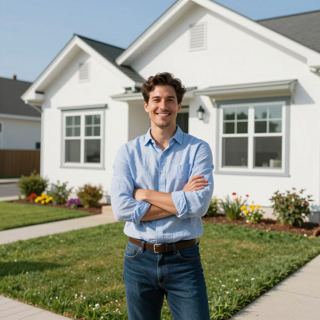 Smiling man standing with arms crossed in front of a white house and green lawn