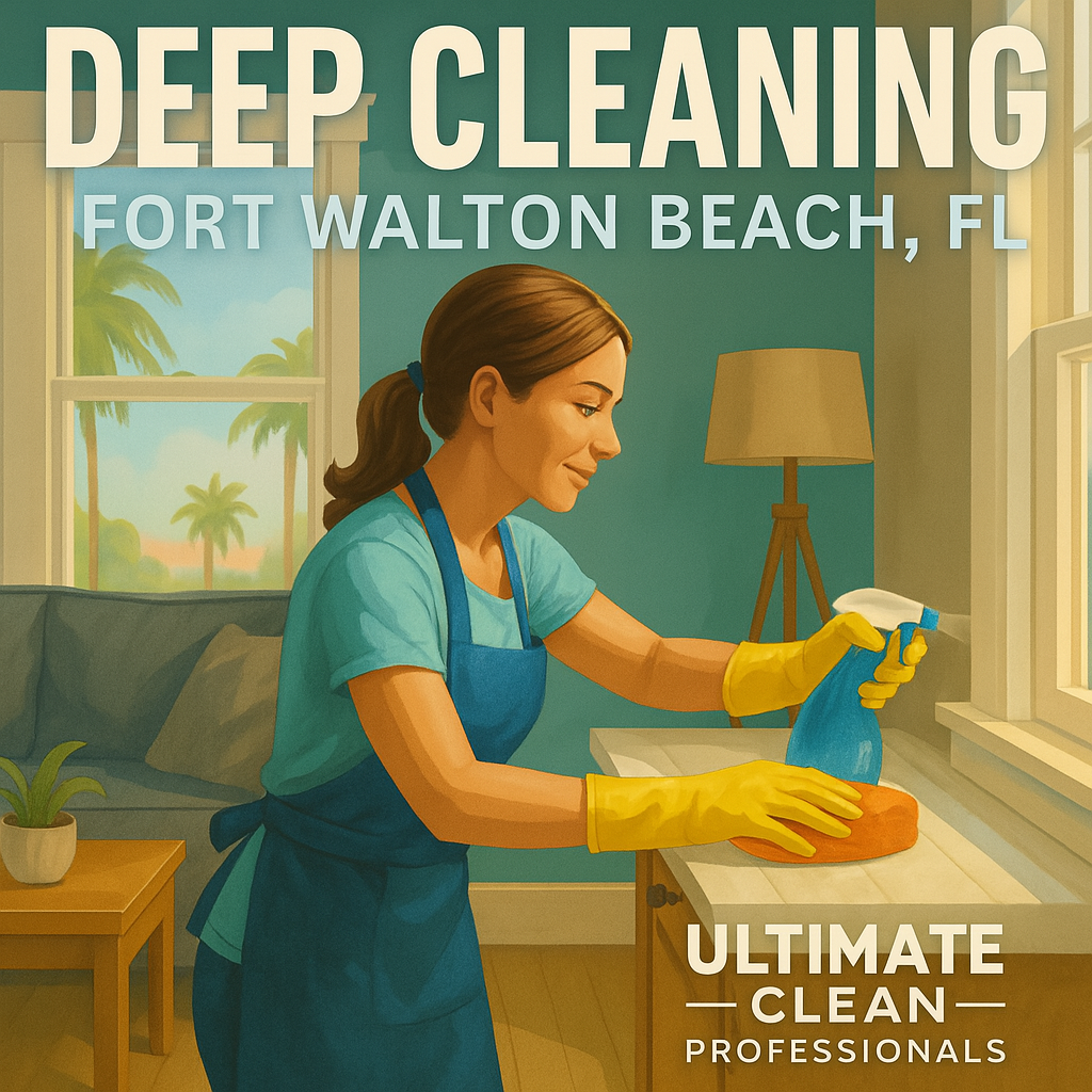 Deep cleaning service ad: cleaner wiping a window in a sunlit living room, Fort Walton Beach, FL