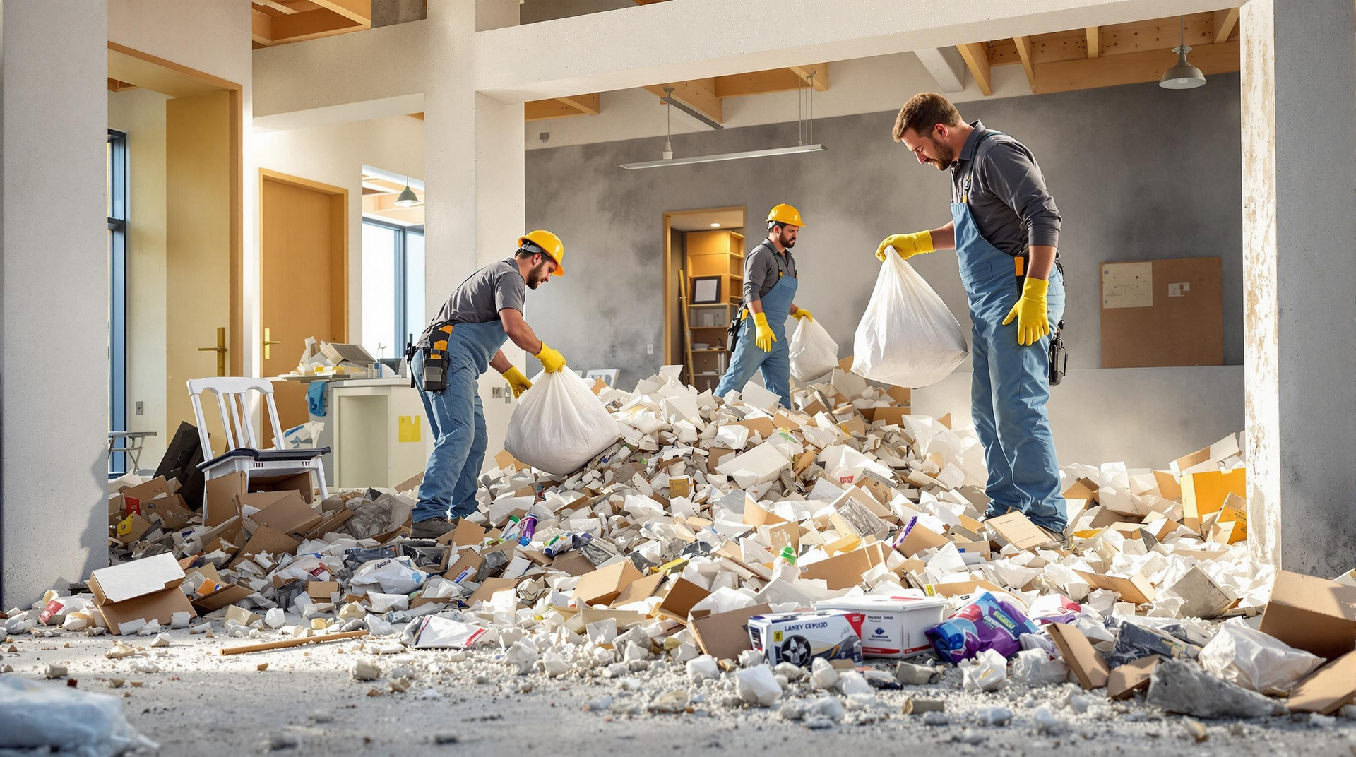 Workers clearing debris in a damaged room, with piles of rubble and construction materials scattered around.