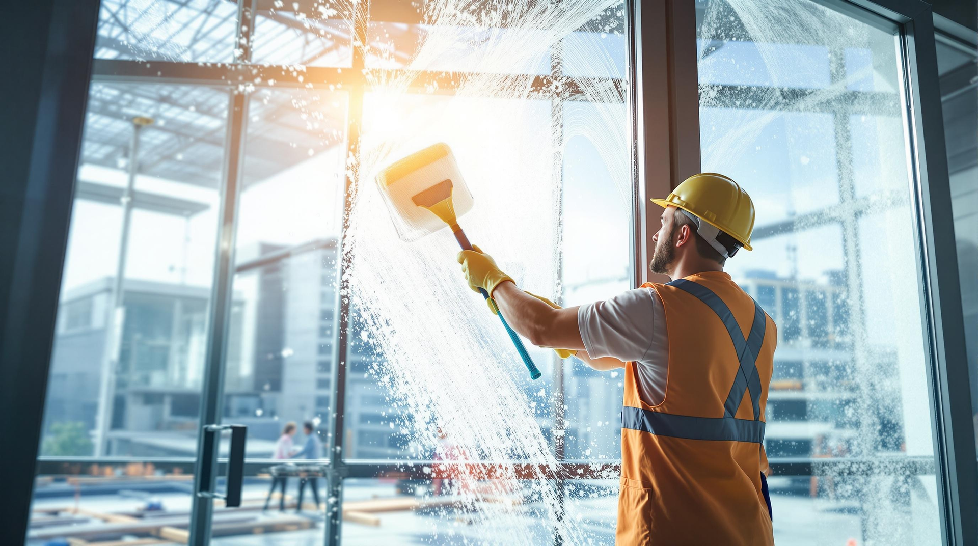 Worker in hard hat cleaning a large glass wall with a squeegee in a bright office building