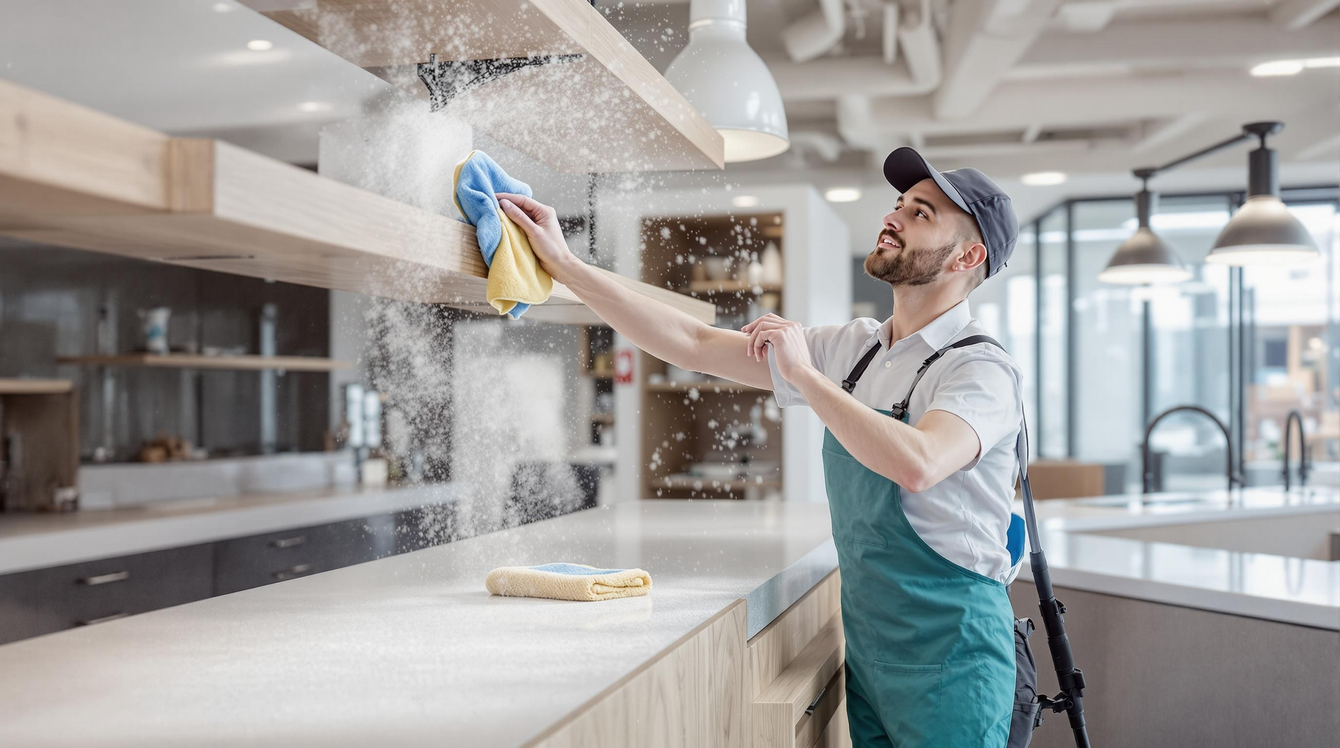 Cleaner wiping a kitchen counter in a bright modern kitchen