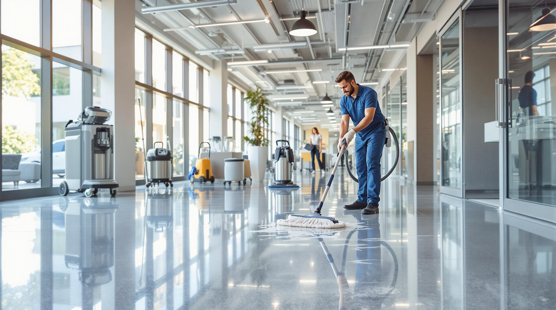 Worker mopping a glossy office hallway with cleaning supplies in a bright modern building