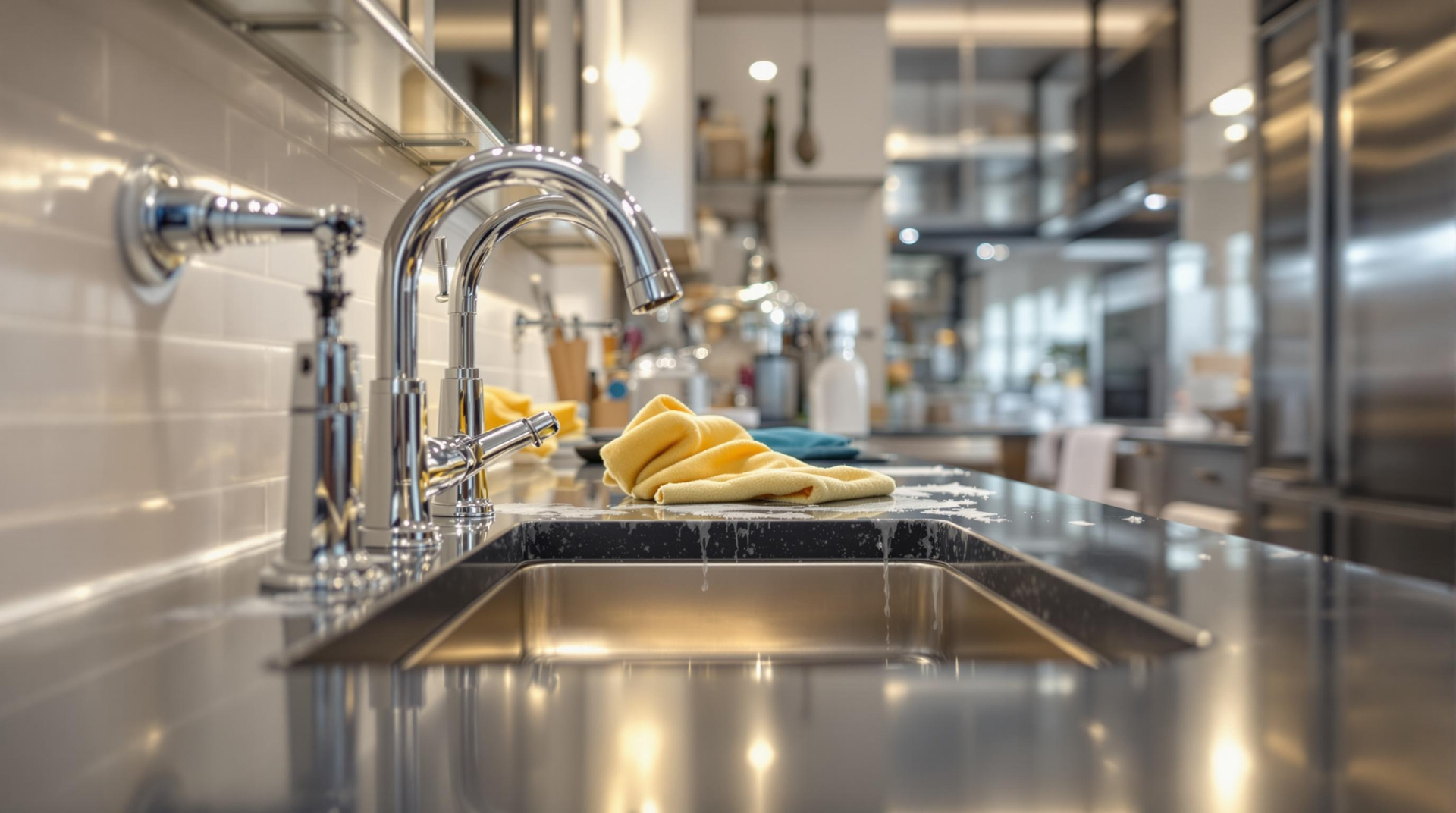 Modern kitchen sink with chrome faucet, stainless steel counter, and fruit on a tray in the background
