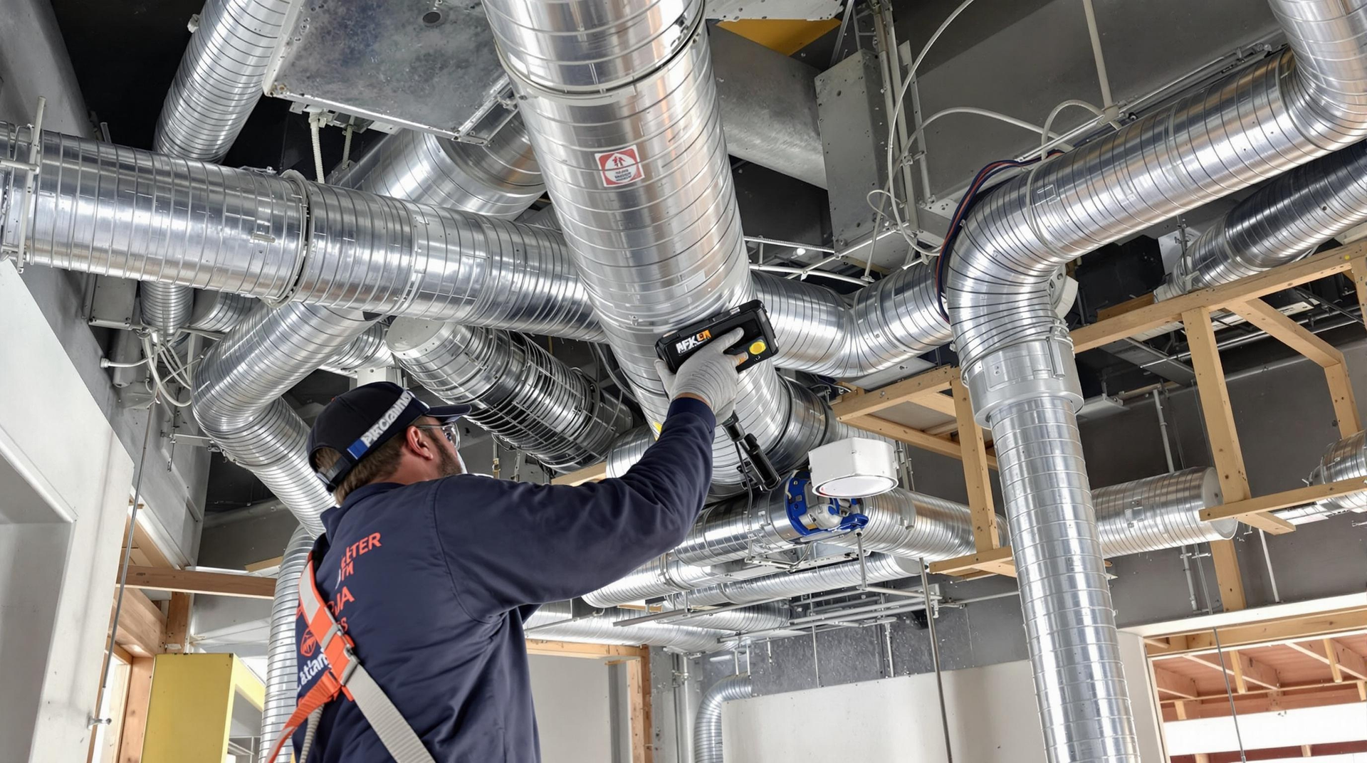 Worker installing shiny silver ductwork in an unfinished ceiling space
