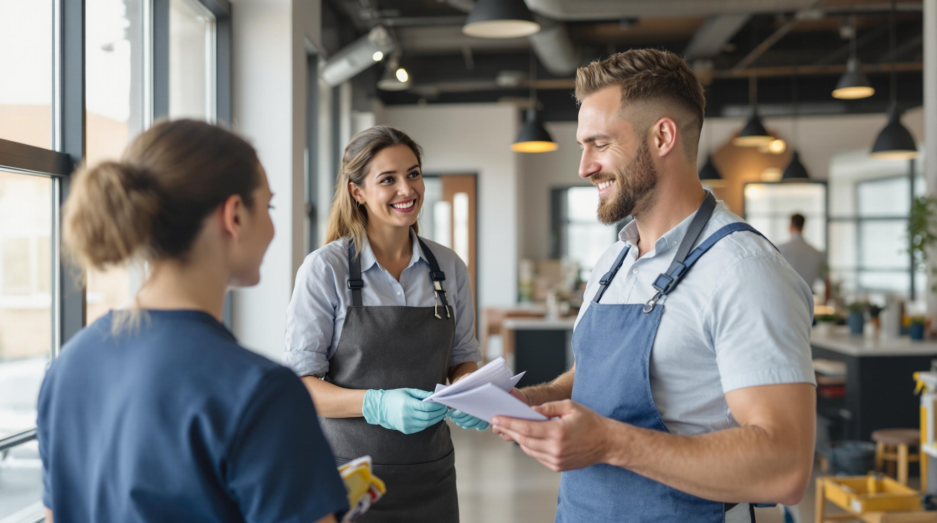 Three coworkers in aprons exchange papers and smile in a bright workshop or café.