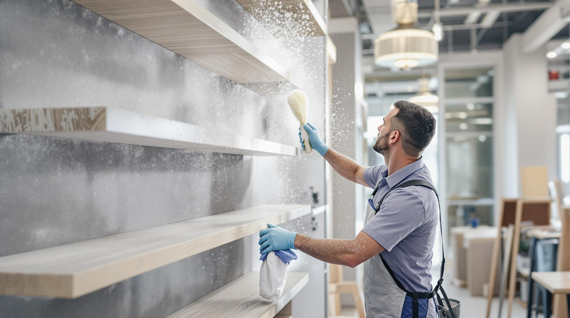 Worker in blue gloves spray-cleans a large industrial metal surface in a bright workshop.
