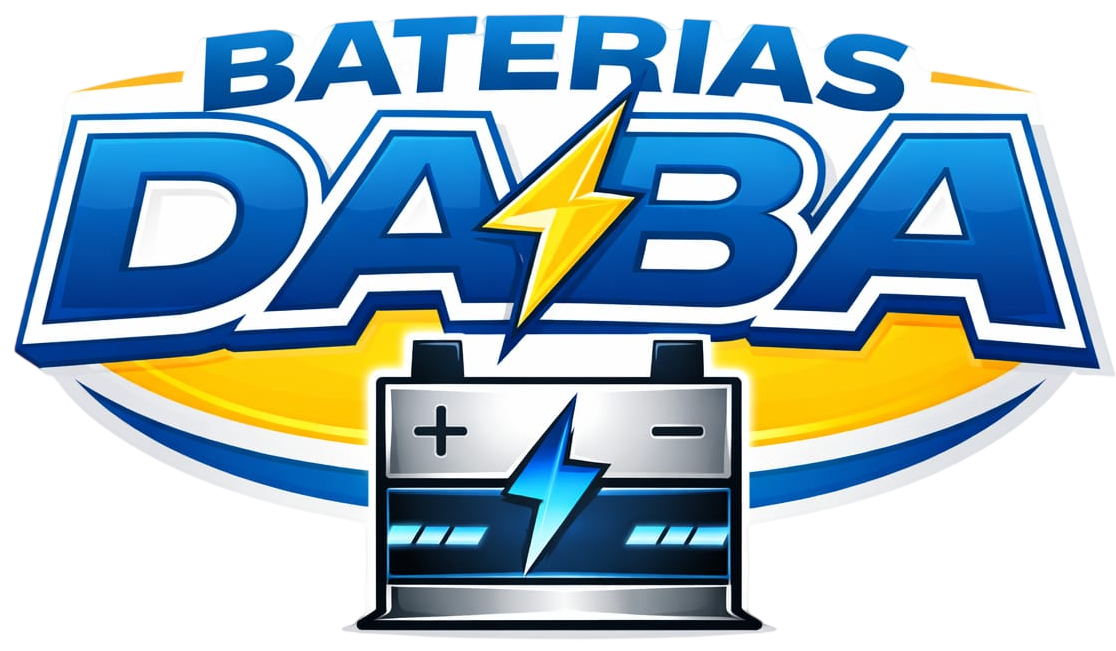 Logotipo de Baterias DABA con texto azul y un icono de batería con un rayo.