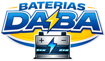 Logotipo de Baterias DABA con texto azul y un icono de batería con un rayo.
