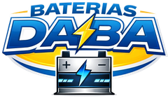 Logotipo de DABA de baterías en azul y amarillo con un icono de batería y un rayo.