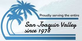 Logo with blue palm tree and waves reading “Proudly serving the entire San Joaquin Valley since 1978”