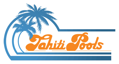Tahiti Pools logo with blue palm tree and orange script on white background