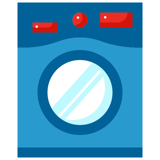 A blue washing machine with a red button on the front.