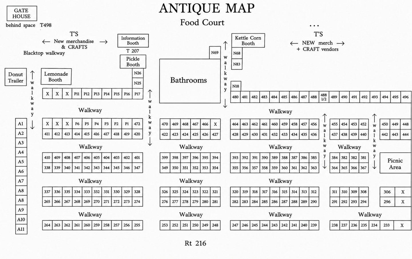 Antique black-and-white food court map with labeled stores and walkways, centered around the restaurant area