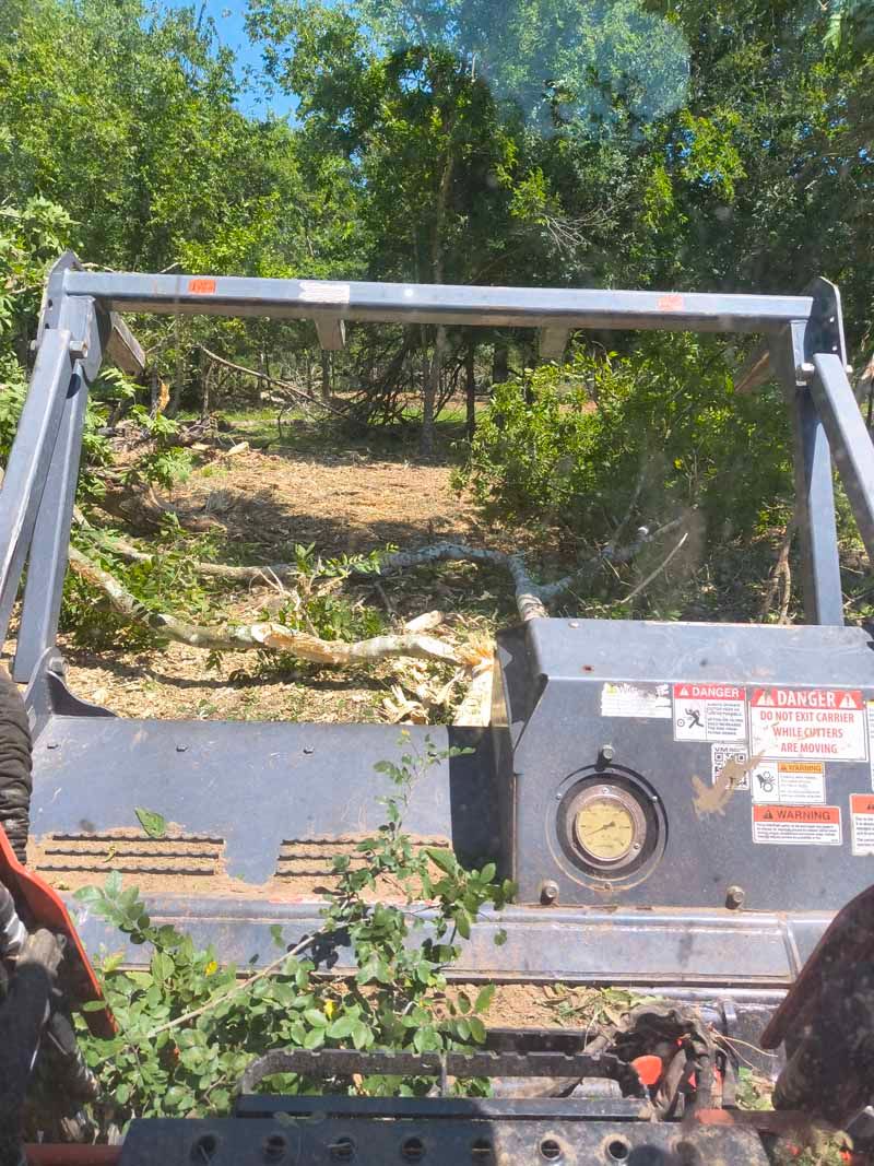 Brush hog clearing brush; view from inside the cab of the tractor. Green trees and brush fill the background.