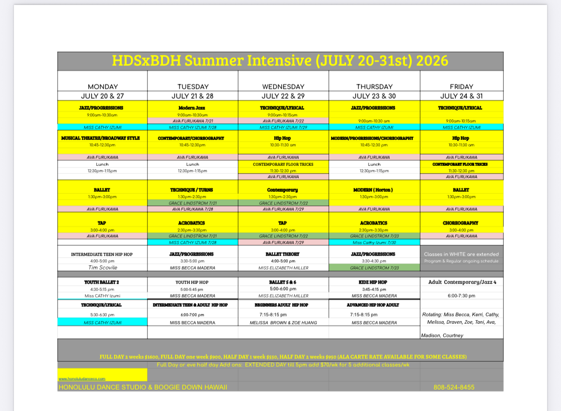 A calendar for a summer intensive in 2024