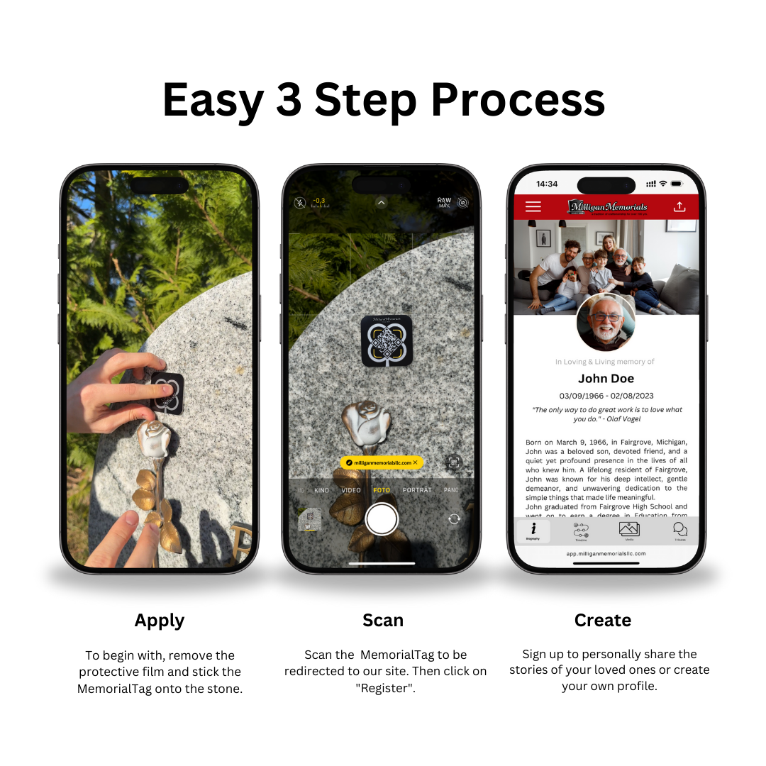 Three-step process: Apply, scan, create. A person uses a phone to photograph a key; the app scans it; the profile is created.