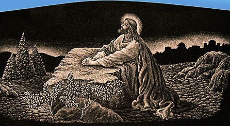 Jesus praying on a rock, haloed, at night, with a city skyline visible.