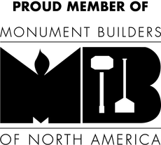 Logo for Monument Builders of North America: Black MB letters, tools, and flame on white.