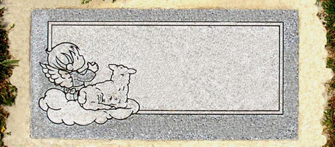 Gravestone with angel and lamb in front of a blank space for text.