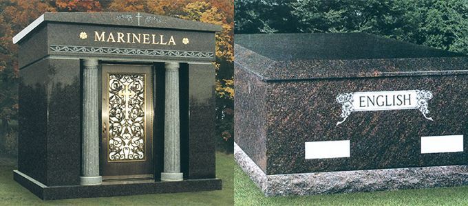 Two granite mausoleums: one with ornate door, labeled